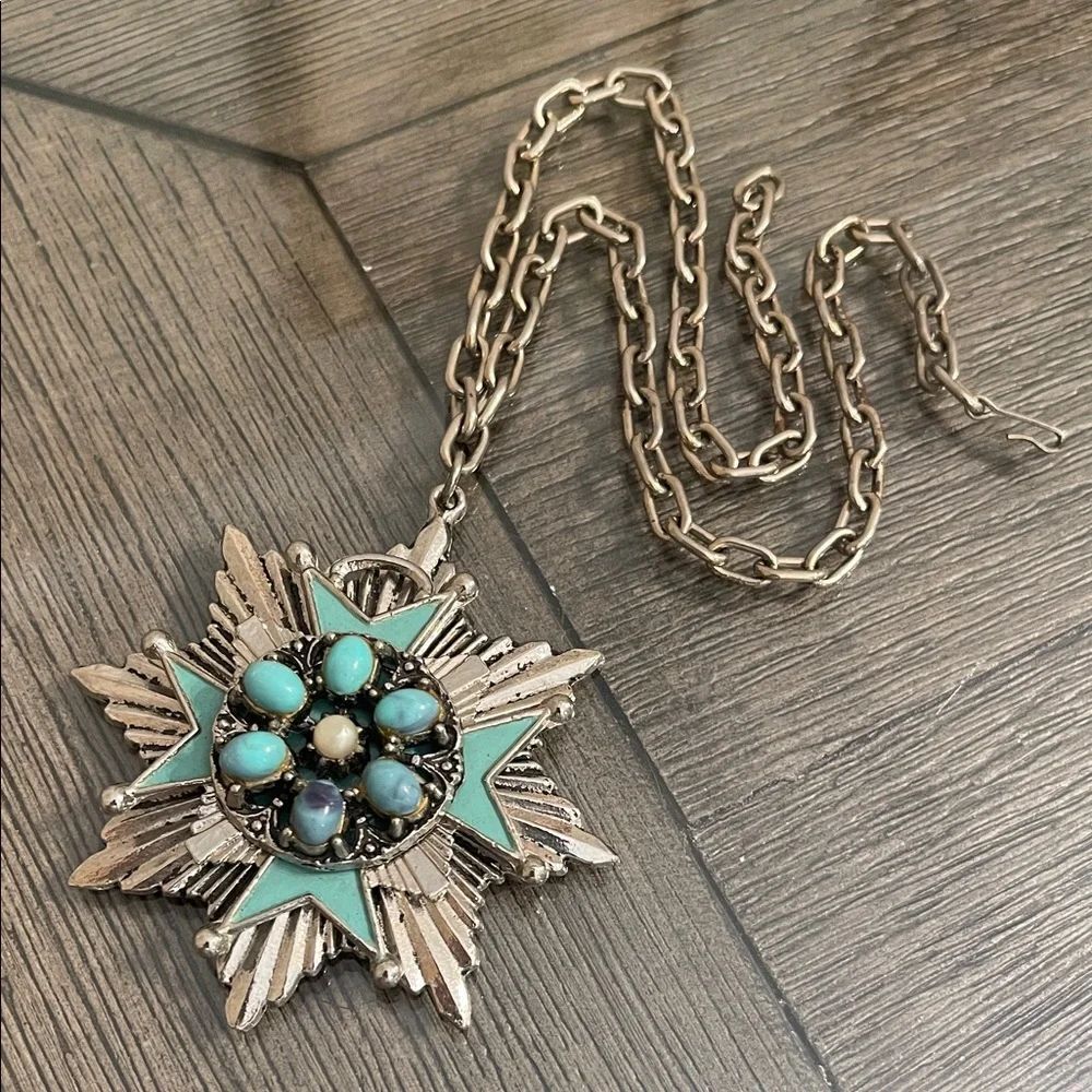 Vintage Maltese Silver & Faux Turquoise Star Pendant Necklace Goth - Victorian